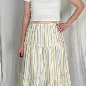 Kelly Handmade Yellow Striped Elastic Waist Tiered Maxi Skirt