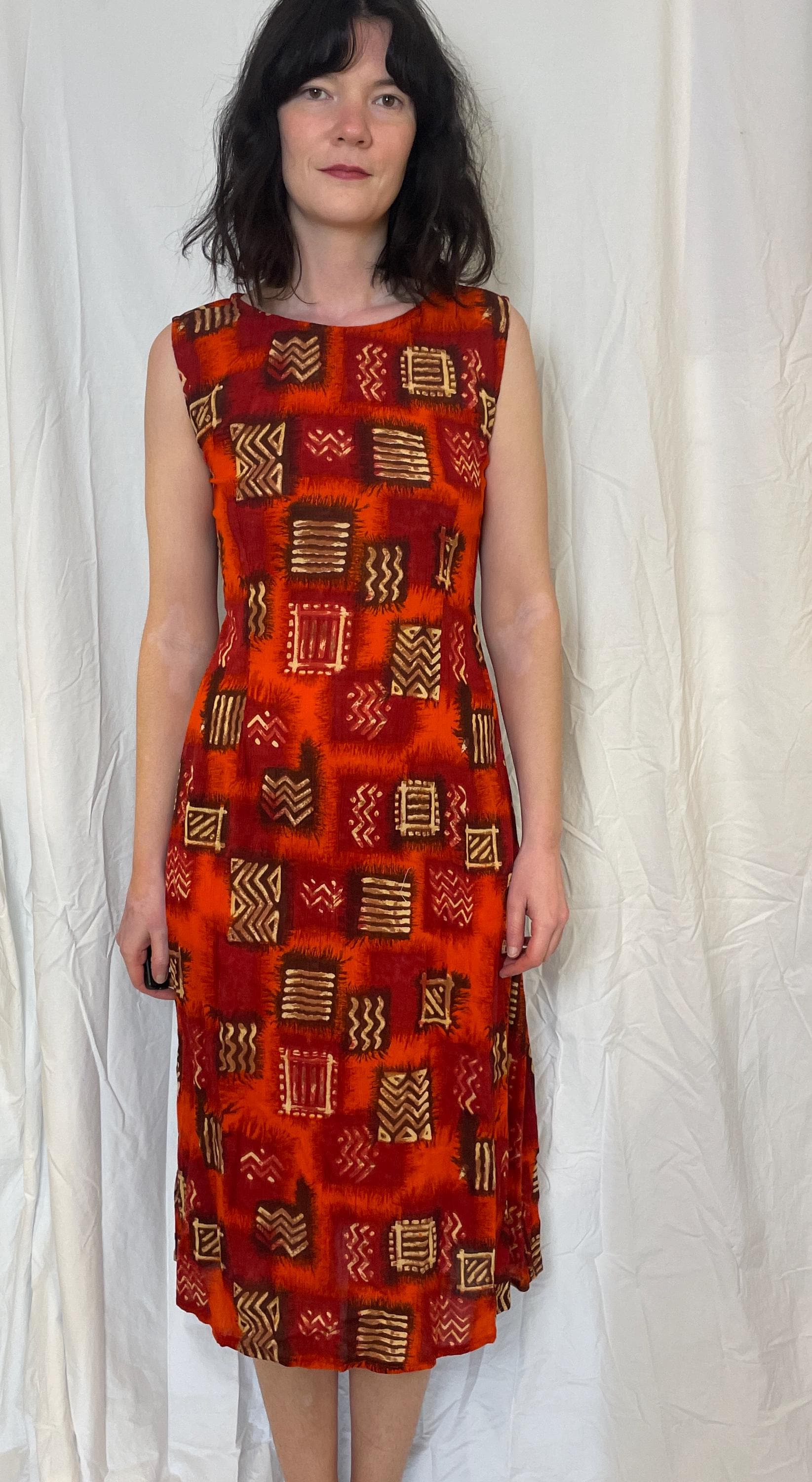 Vintage 90s Orange Printed Tie Waist Sleeveless Maxi Dress