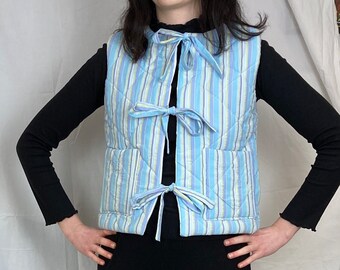 Zoe Handmade Blue Stripe Tie Front Quilted Vest Gilet