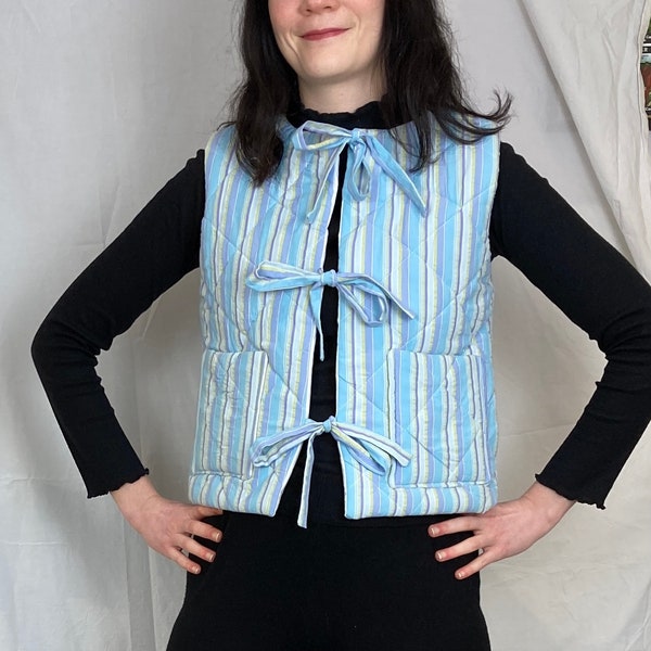 Zoe Handmade Blue Stripe Tie Front Quilted Vest Gilet