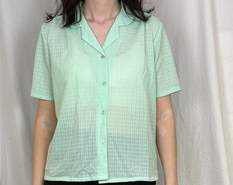 Vintage 80s Green Textured Short Sleeve Shirt Blouse