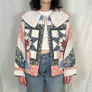 Kurtka pikowana Penny Handmade Blue and Pink Patchwork Collared