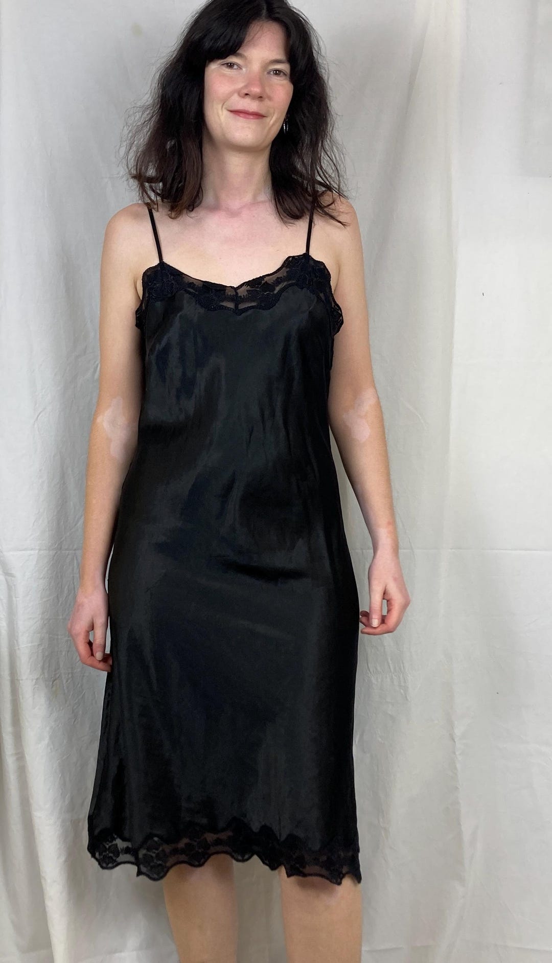Vintage 90s Black Satin Lace Trim Midi Slip Dress - Etsy