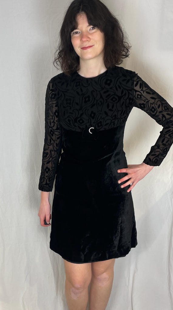 Vintage 70s Black Silk Velvet Floral Devore Long Sleeve Mini Dress