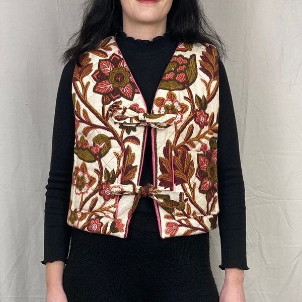 Zoe Handmade Pink Floral Tie Front Quilted Vest Gilet