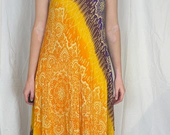 Vintage 90s Orange Printed Asymmetric Hem Strappy Maxi Dress