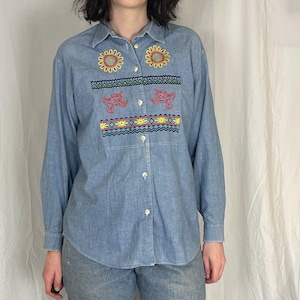 Vintage 90s Blue Denim Floral Embroidered Shirt