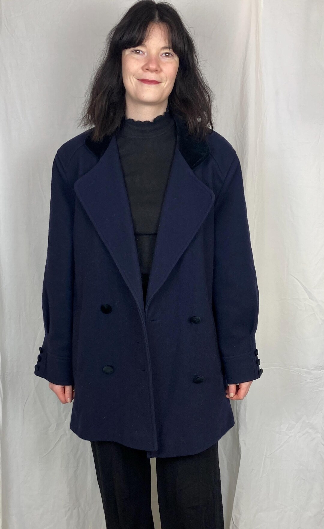 【archive】90's WOOL DOUBLE BREASTED COAT 1980s 1990s Charcoal Grey Wool Double Breasted Coat