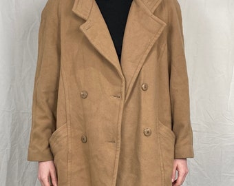 Vintage 80s Tan Brown Double-Breasted Wool Coat