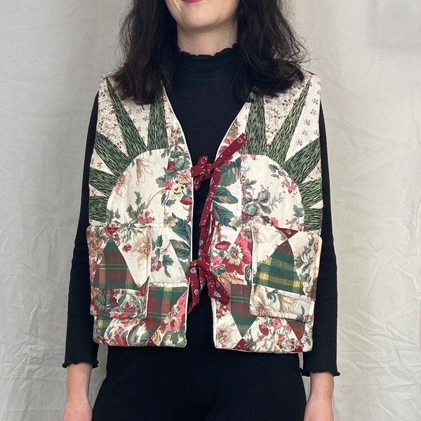 Zoe Handgemachte Grüne Blumen Patchwork Steppweste Gilet