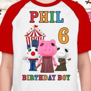Kids Birthday Shirt Piggy Theme Game Shirt Raglan Sleeves T-Shirt Gift Family Unisex - Custom name and age