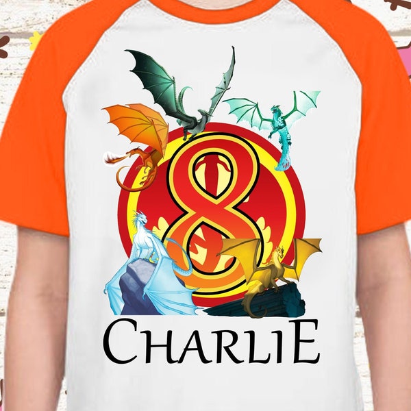 WoF Dragons Wings of Fire Unisex, Dragon Shirt, Birthday Shirt - Personalized Raglan - Name & Age Dragon Book Custom Gift Wings Fire