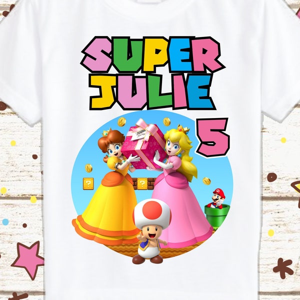 Princess Peach and Daisy Mario Birthday shirt for Girls Custom Mario birthday shirt Peach Daisy Girl theme white shirt Personalized