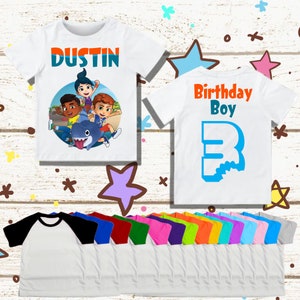 Camisa de cumpleaños para niños Shark dog - Camisa de fiesta a juego Sharkdog y Max Family - Nombre y edad unisex - Manga raglán de camisa delantera y trasera