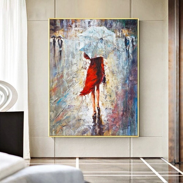 Peinture femme en robe rouge - huile sur toile portrait de femme abstrait, décoration de salon chic, cadeau artistique pour nouveau propriétaire