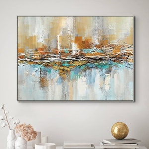 Aura - Cityscape Canvas Art - Hand-Painted Abstract City Painting for Modern Living Room Decor, Original Oil Wall Art