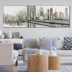 New York Wall Art - Hand-Painted Abstract Gray Cityscape Canvas, Large Modern Wall Decor for Living Room, Unique Housewarming Gift