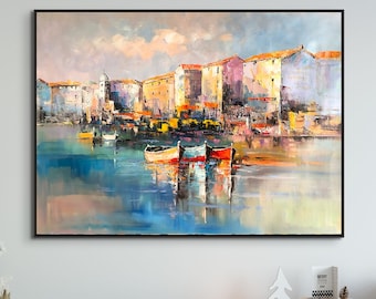 Large Painting on Canvas, Portofino Italy, Colorful European Town, Lake Boats and Marina Painting, Original Handmade Wall Painting
