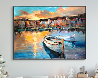 Large Painting on Canvas, Harbour of Portofino, Colorful European Town, Lake Boats and Marina Painting, Original Handmade Wall Painting