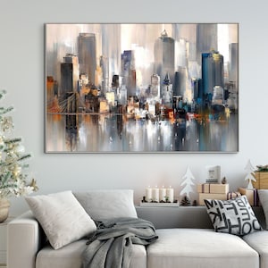 Manhattan Cityscape Large Painting on Canvas, Original New York City Living Room Wall Art Bedroom  Housewarming Gift Home Decor