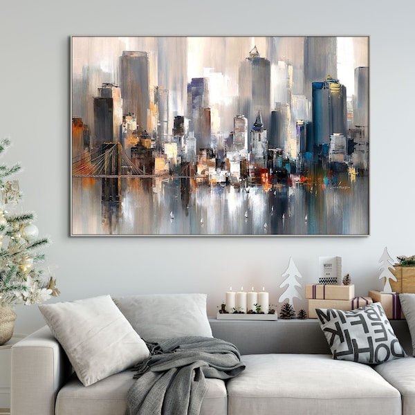 Manhattan Cityscape Canvas Art - New York City Handmade Painting, Large Wall Decor for Bedroom, Unique Housewarming Gift