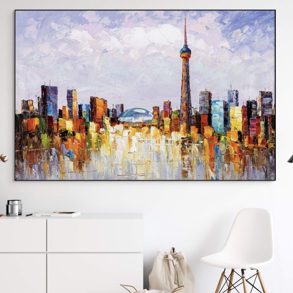 Art mural Canada - Toits de Toronto vibrants, peinture sur toile, paysage urbain moderne, peinture originale encadrée pour cadeau de pendaison de crémaillère