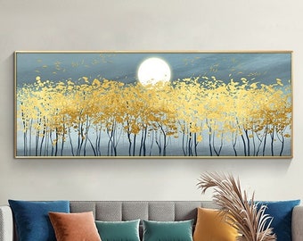 Golden Forest Painting: Abstract Gold Trees Acrylic Art, Textured Wall Decor