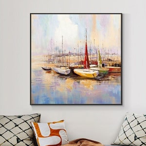 Large Wall Art of Colorful Sailboats, Abstract Lake House Wall Decor for Living Room Painting on Canvas Original Painting for Home Decor