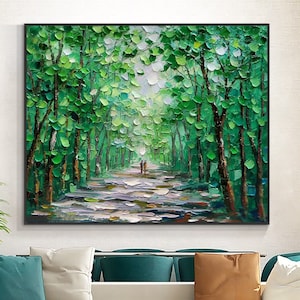 Pintura al óleo de bosque verde: arte mural abstracto de naturaleza