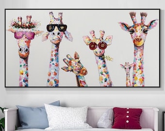 Peinture girafe amusante, toile peinte à la main pour chambre d'enfant, décoration murale unique pour chambre d'enfant, cadeau original de peinture animalière