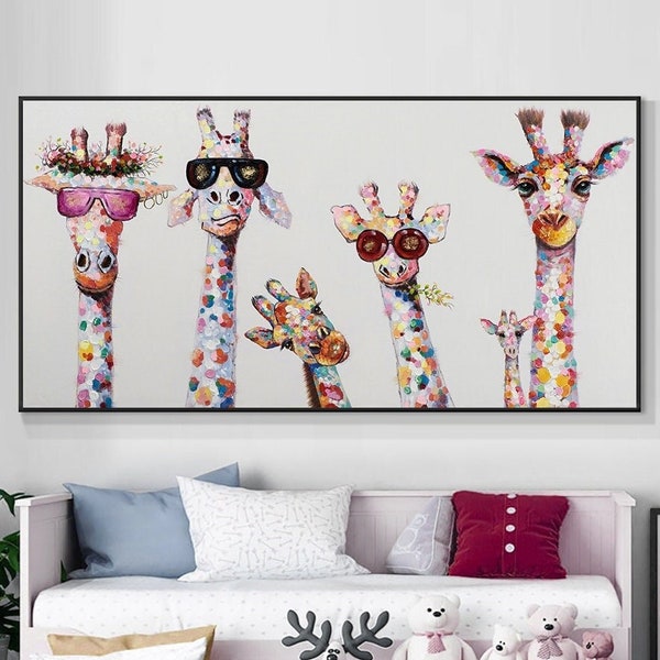 Peinture girafe amusante, toile peinte à la main pour chambre d'enfant, décoration murale unique pour chambre d'enfant, cadeau original de peinture animalière