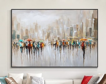 Large Urban Rain Oil Painting: Contemporary Cityscape Canvas Art