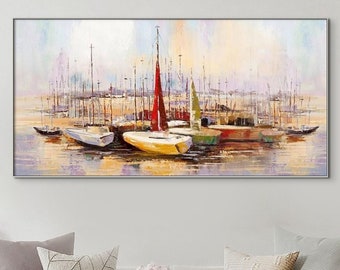 Vibrant Sail Boats Wall Painting, Abstract Wall Art for Living Room Painting on Canvas Handmade Oil Painting for Home Decor, Seascape