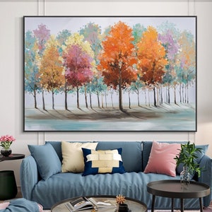 Handpainted Fall Colors & Trees Abstract Painting, Wall Art for Living Room Painting on Canvas Hand Painted Oil Painting for Home Decor