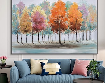 Handpainted Fall Colors & Trees Abstract Painting, Wall Art for Living Room Painting on Canvas Hand Painted Oil Painting for Home Decor
