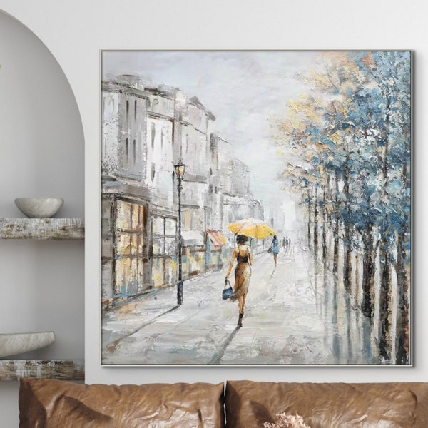 Hand-Painted City Market Artwork - Contemporary Urban Canvas for Living Room, Bedroom Wall Painting, Ideal New Home Gift