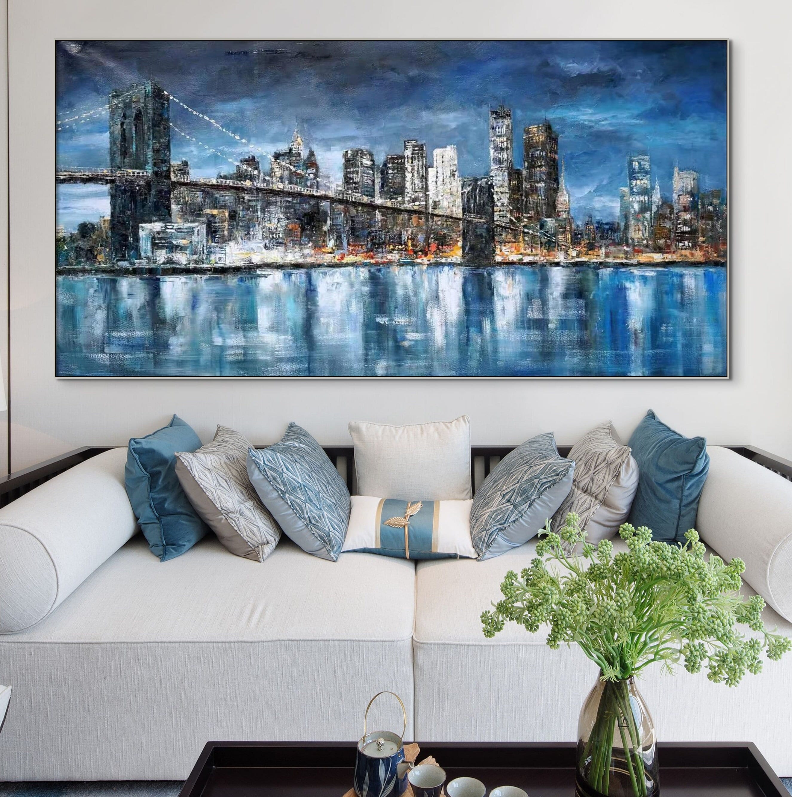 Manhattan, Painting On Canvas, Abstract Painting, New York Painting, Cityscape, Urban Painting, Living Room Wall Art, Blue City Painting