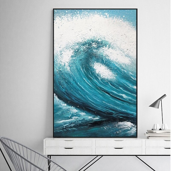 Abstract Blue Wave Painting: Original Ocean Canvas Art