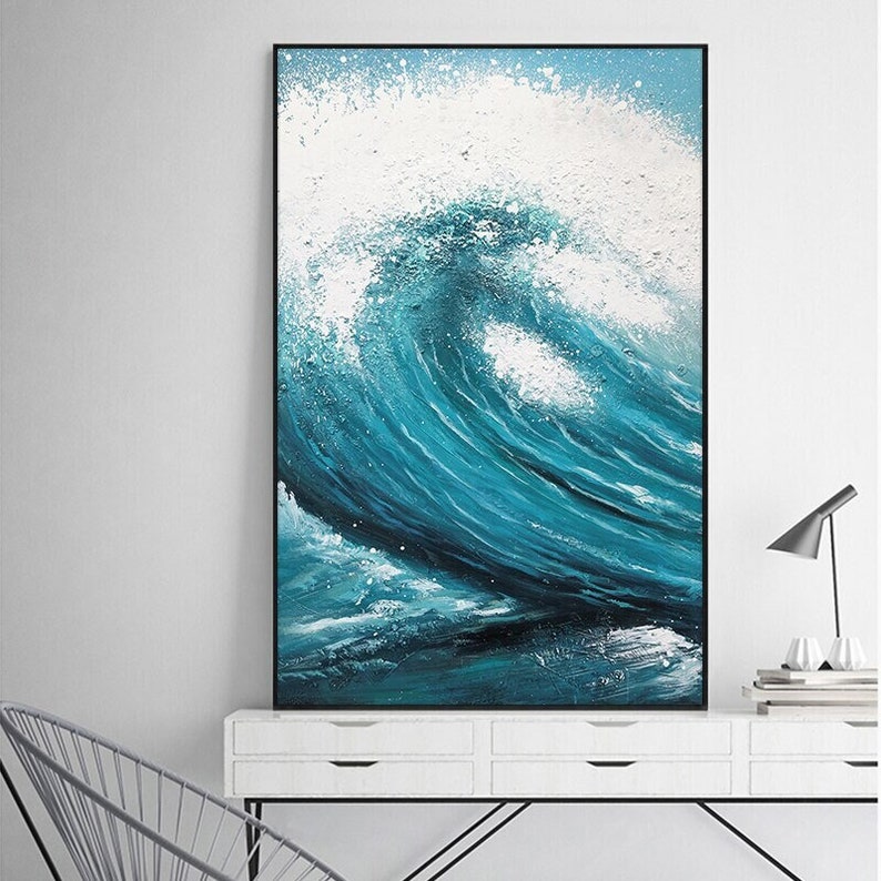 May include: A painting depicting a large blue wave crashing against a white background. The wave is painted in a realistic style with white foam and splashes of water.