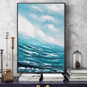 May include: A painting of a large ocean wave crashing in a turquoise blue sea with white foam. The sky is a light blue with white clouds.