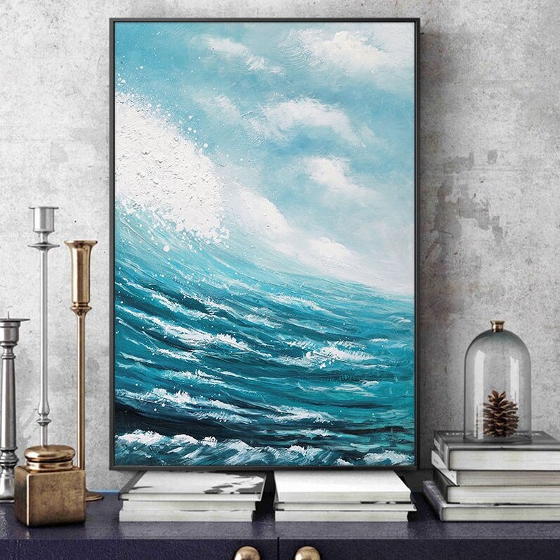 May include: A painting of a large ocean wave crashing in a turquoise blue sea with white foam. The sky is a light blue with white clouds.
