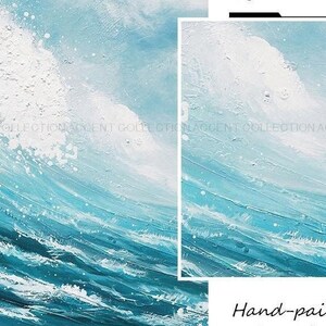 May include: Abstract painting of a blue ocean wave with white foam. The painting is hand-painted and has a textured surface.