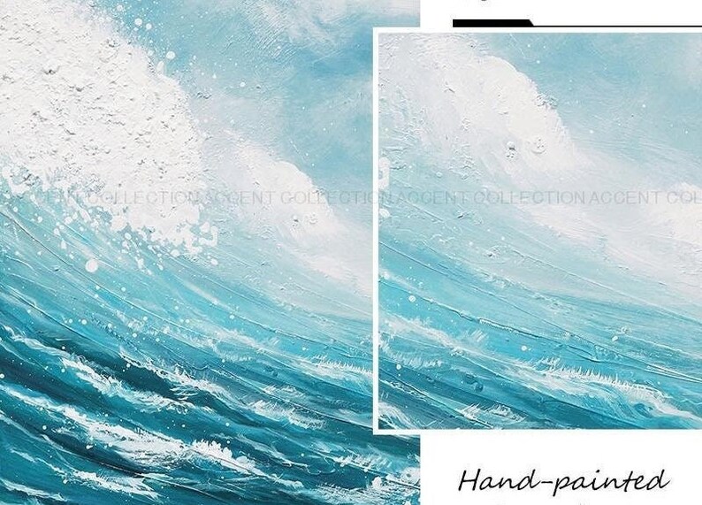 May include: Abstract painting of a blue ocean wave with white foam. The painting is hand-painted and has a textured surface.