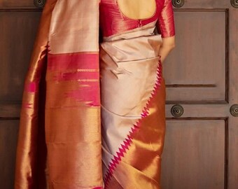 Beautiful Yellow and Pink Banaras Soft Silk Fancy Saree Comes Designer Pink Banaras Stitched-Customized Blouse.