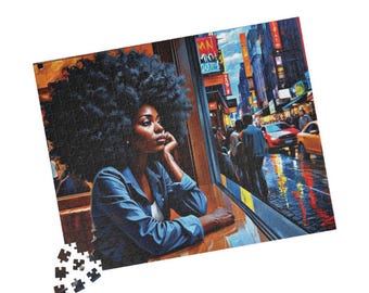 May include: A jigsaw puzzle depicting a person with a large afro hairstyle sitting at a window, looking out at a rainy city street scene with cars, buildings, and neon signs. Several loose puzzle pieces are scattered at the bottom left corner.