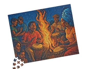 May include: A jigsaw puzzle depicting a vibrant scene of people gathered around a bonfire, playing drums and dancing. The artwork features warm colors, with a focus on the figures and the flames. The puzzle is a great gift for puzzle enthusiasts.