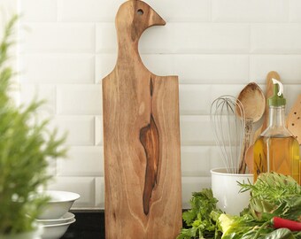 Mediterranean walnut wood board for food prep with stylish bird handle