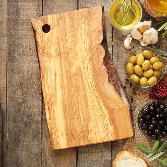 Three Olivewood-Handled Knives & Cutting Board