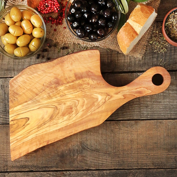Three Olivewood-Handled Knives & Cutting Board