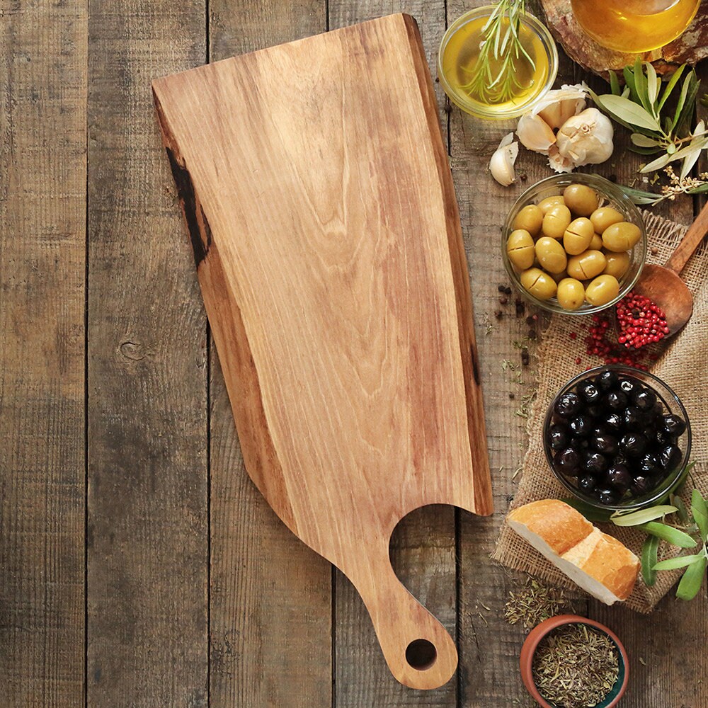 Solid Olive Wood Board for Presentation Cutting Serving With Hole Handle 